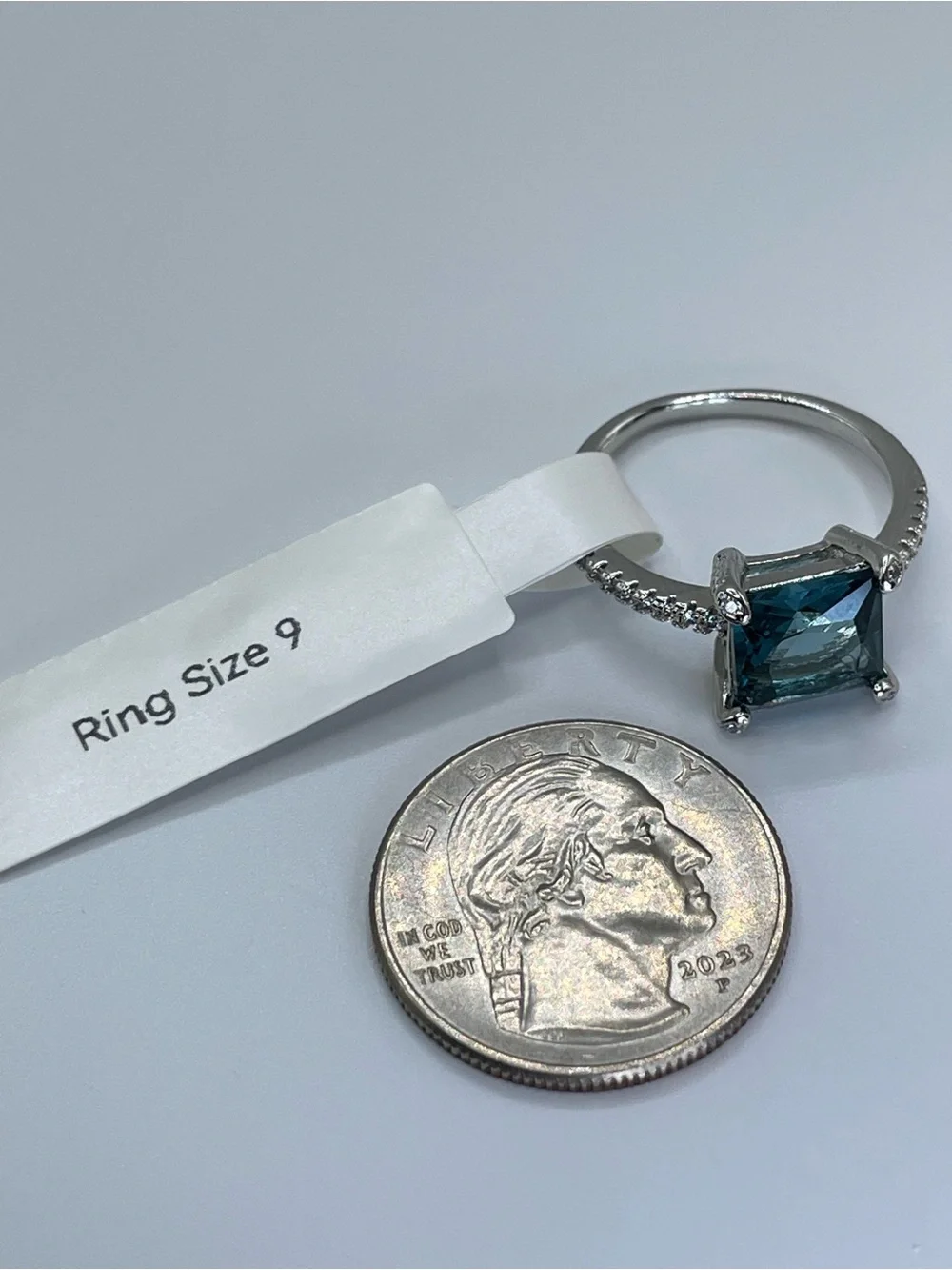 Swarovski Crystal Elements Teal Blue Princess Cut Solitaire Ring Sz 9